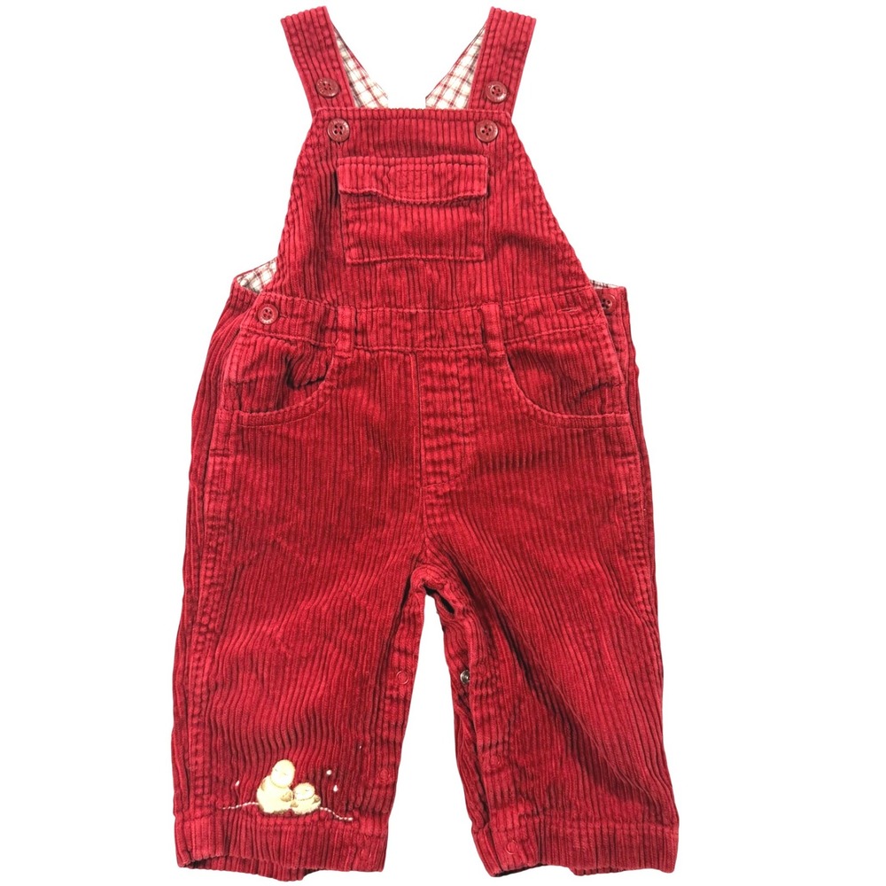 Gymboree Corduroy Overalls Baby Boy 6-12M Red Cotton Plaid Lined Vintage Penguin